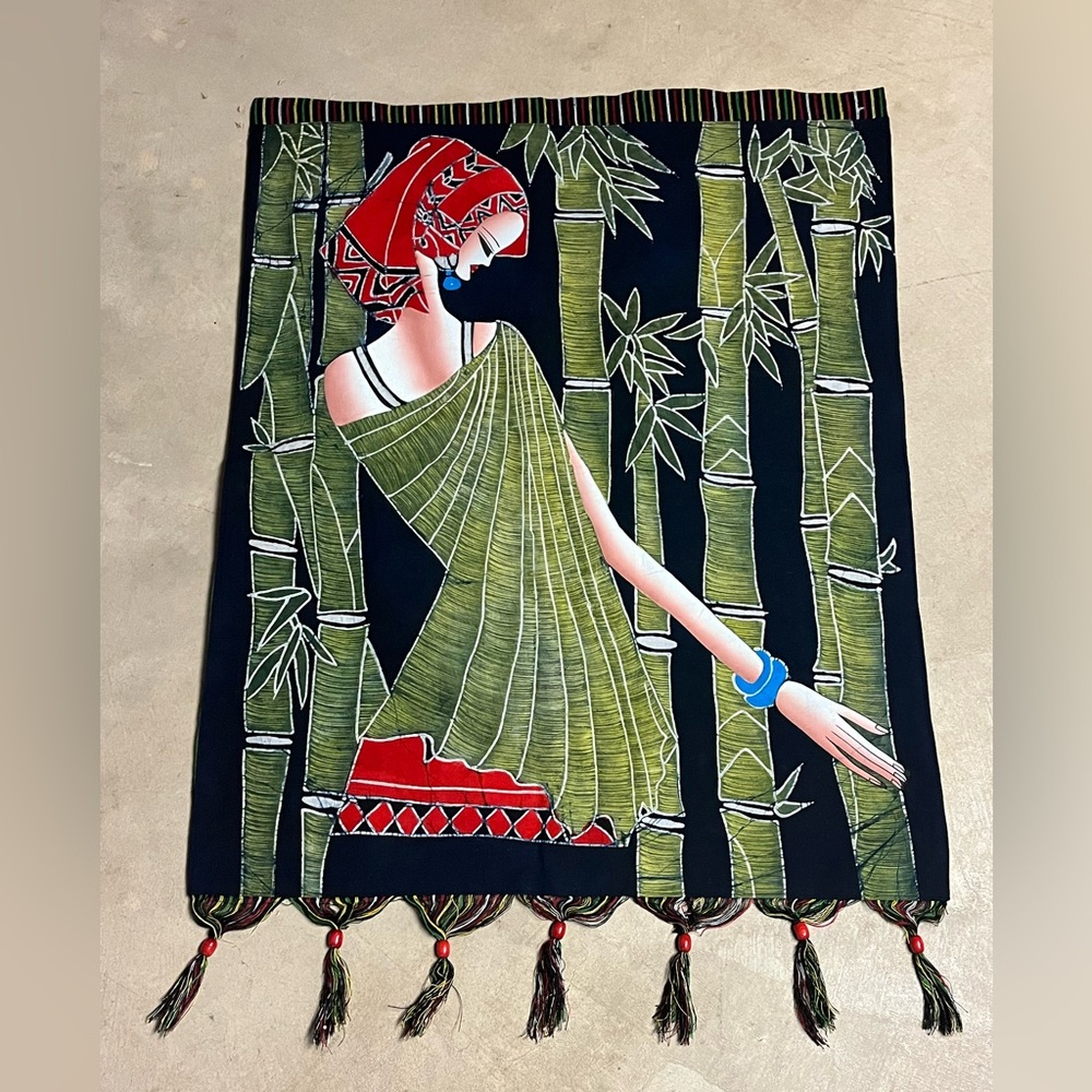 Artistic Batik Tapestry Wall Hanging with Bamboo Design